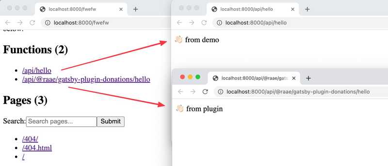 Screengrab showing a /api/hello endpoint coming from the demo site and a /api/@raae/gatsby-plugin-donations/hello endpoint coming from the plugin