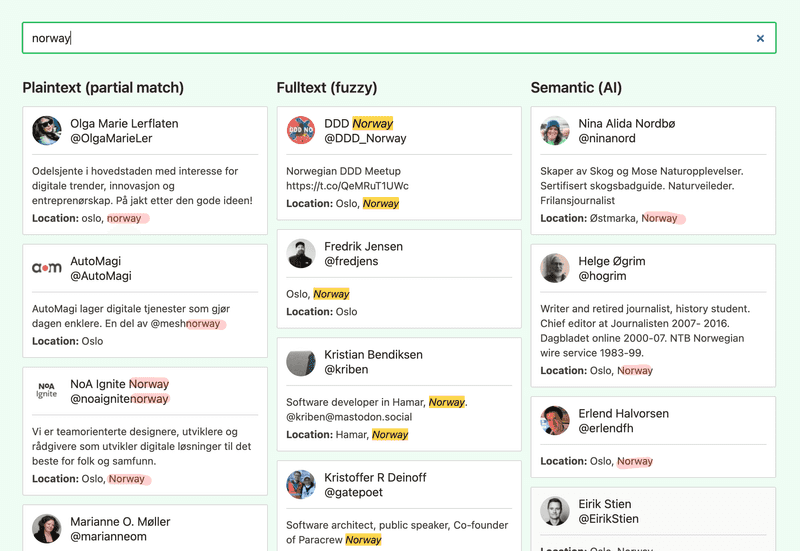 A search for "norway" gives results for all three types of search