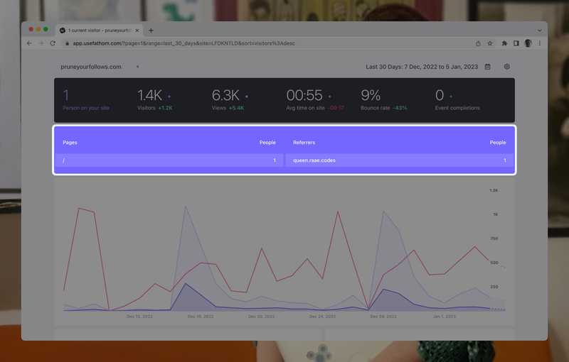 Fathom analytics dashboard for Prune your follows